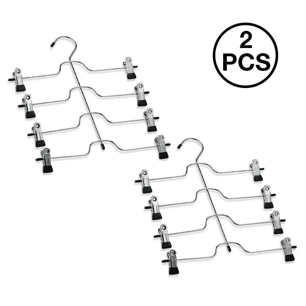 4 Tier Pants Hanger, 2 Pack Trouser Hanger Skirt Hangers with Non Slip Black Vinyl Clips, Heavy Duty Metal Hangers Ultra Thin Space Saving Clothes Hangers to Organize Closet Jeans Scarf Slacks