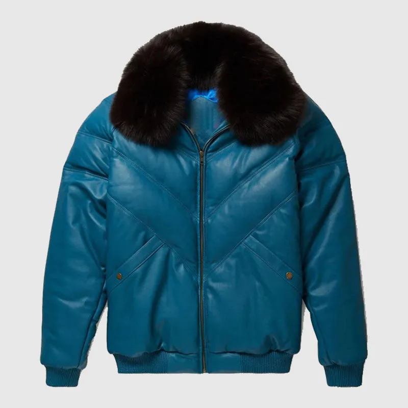 Buy Best High Quality Teal Leather V-Bomber Jacket For Mens