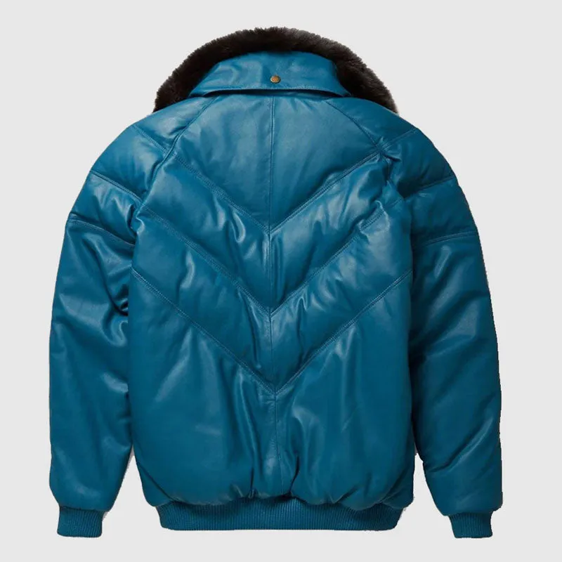 Buy Best High Quality Teal Leather V-Bomber Jacket For Mens