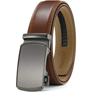 Chaoren Leather Ratchet Dress  Belt | with Automatic Slide | B- Charcoal Depiction Buckle - Cognac