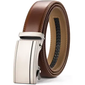 Chaoren Leather Ratchet Dress  Belt | with Automatic Slide | Square Buckle - Cognac