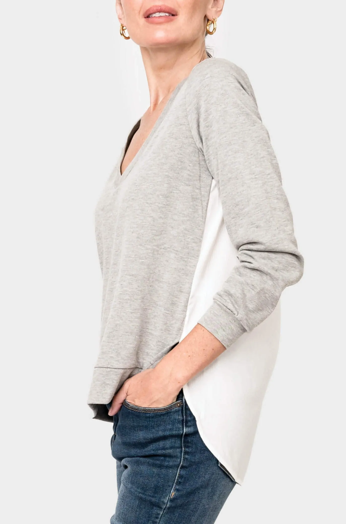 French Terry V-Neck Sweatshirt with Poplin Back