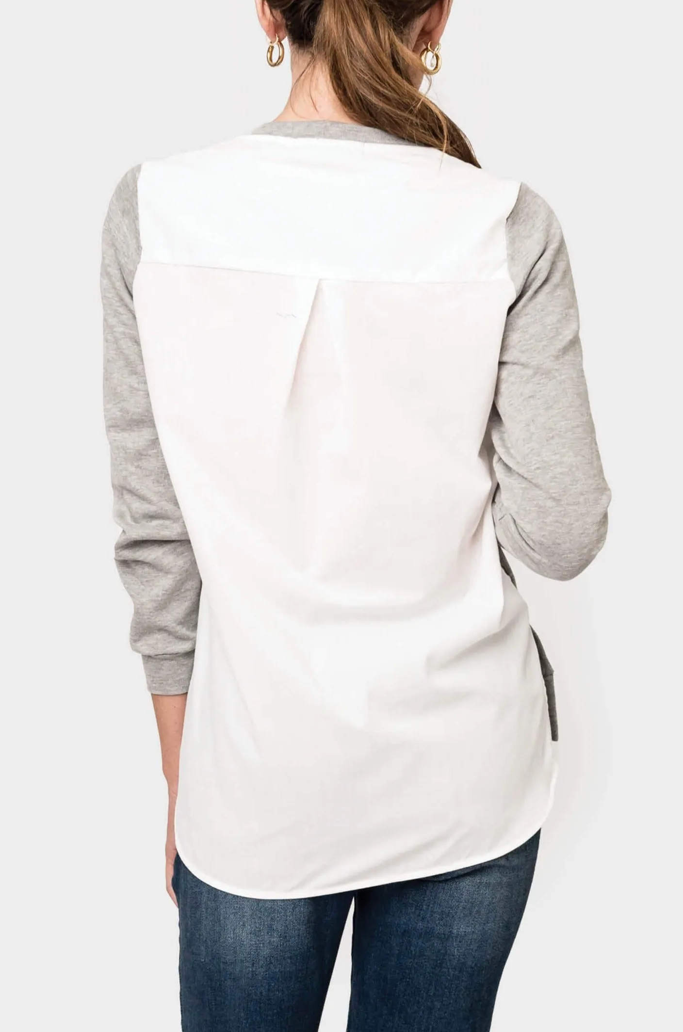 French Terry V-Neck Sweatshirt with Poplin Back