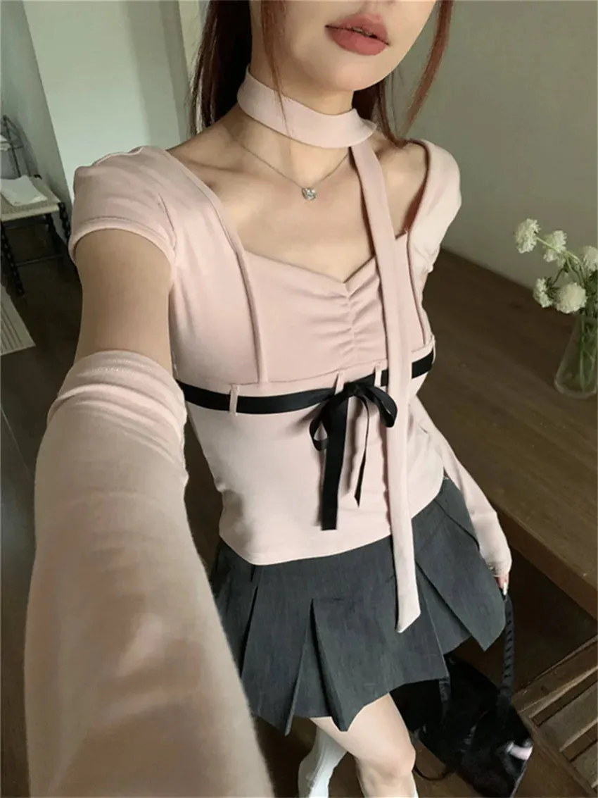 Girlary Hot Girls Slim Bow Pink Tees Women Chic Short Sleeve Summer Office Lady Square Collar Sweet Fashion New T-Shirts