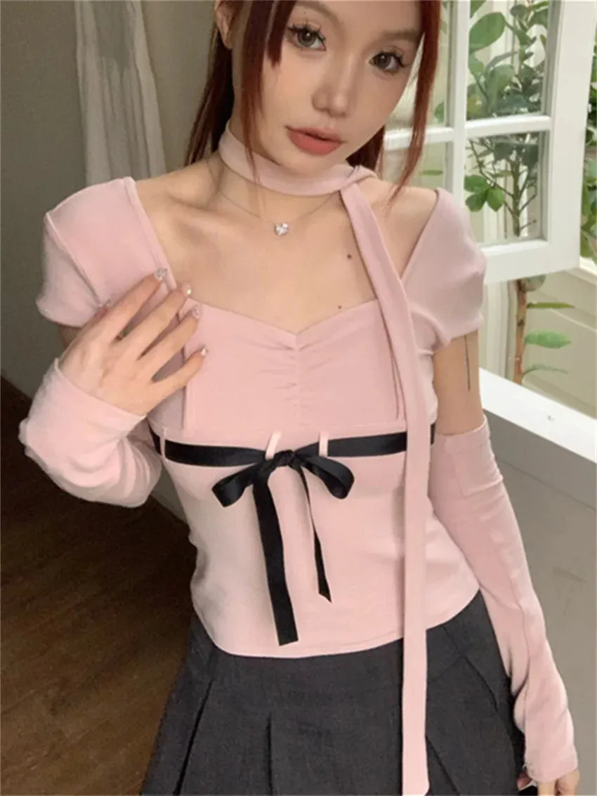 Girlary Hot Girls Slim Bow Pink Tees Women Chic Short Sleeve Summer Office Lady Square Collar Sweet Fashion New T-Shirts