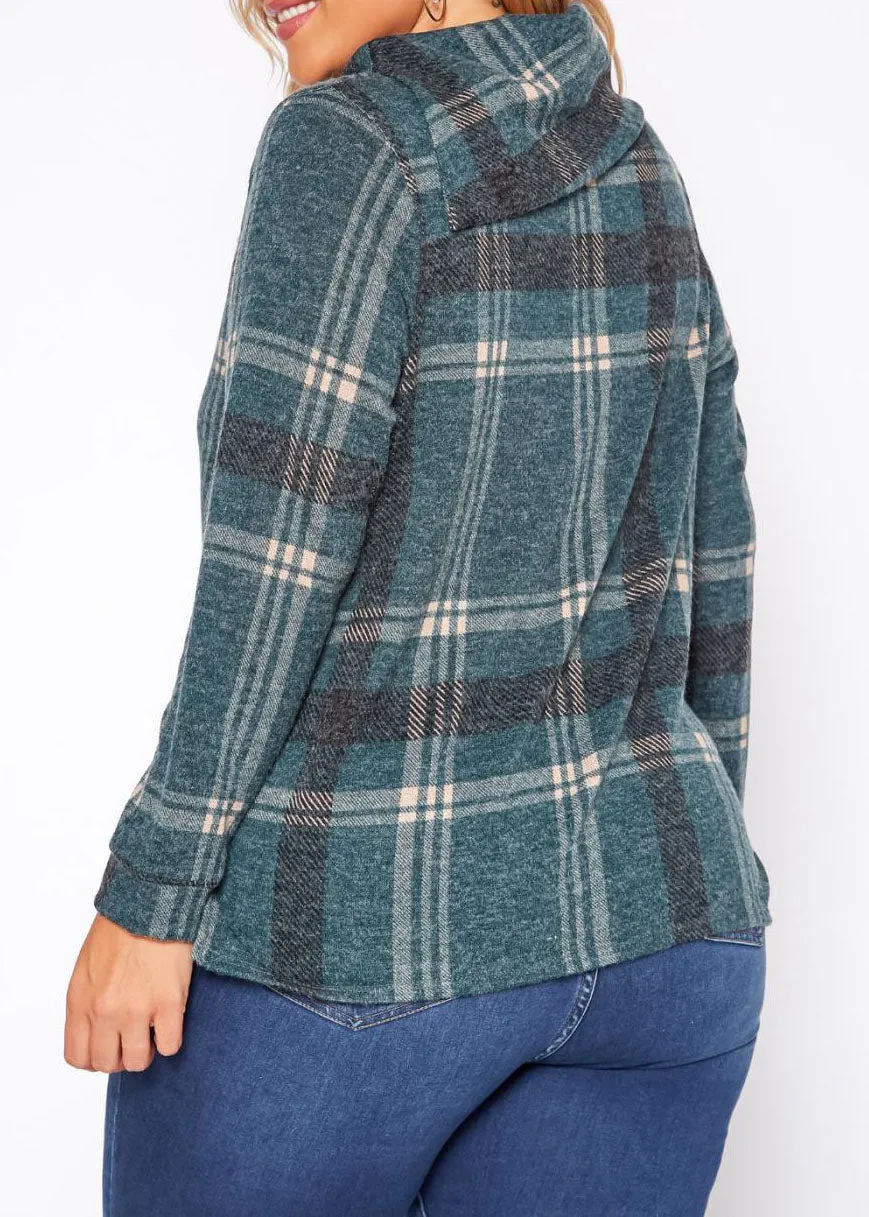 HI Curvy Plus Size Plaid Print Asymmetric Neck Long Sleeves Sweater