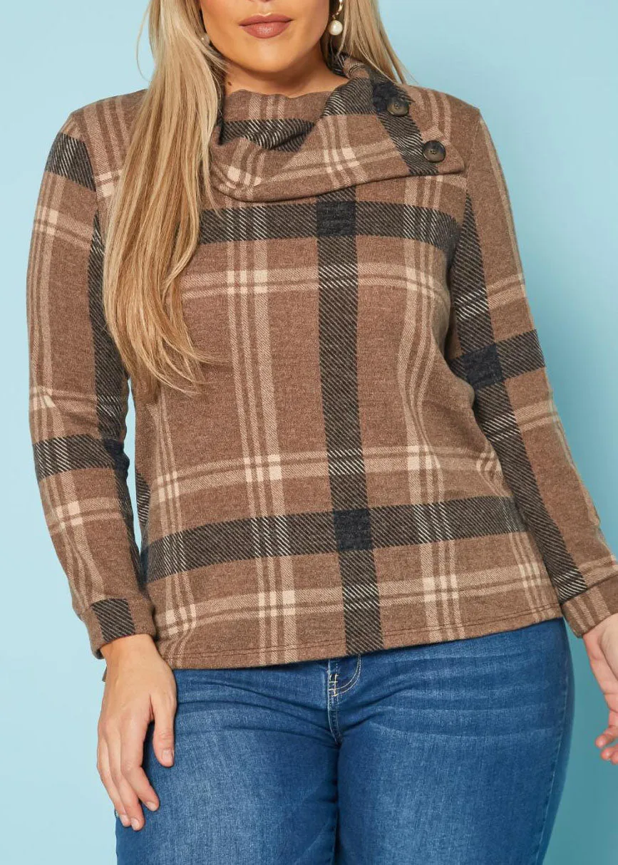 HI Curvy Plus Size Plaid Print Asymmetric Neck Long Sleeves Sweater