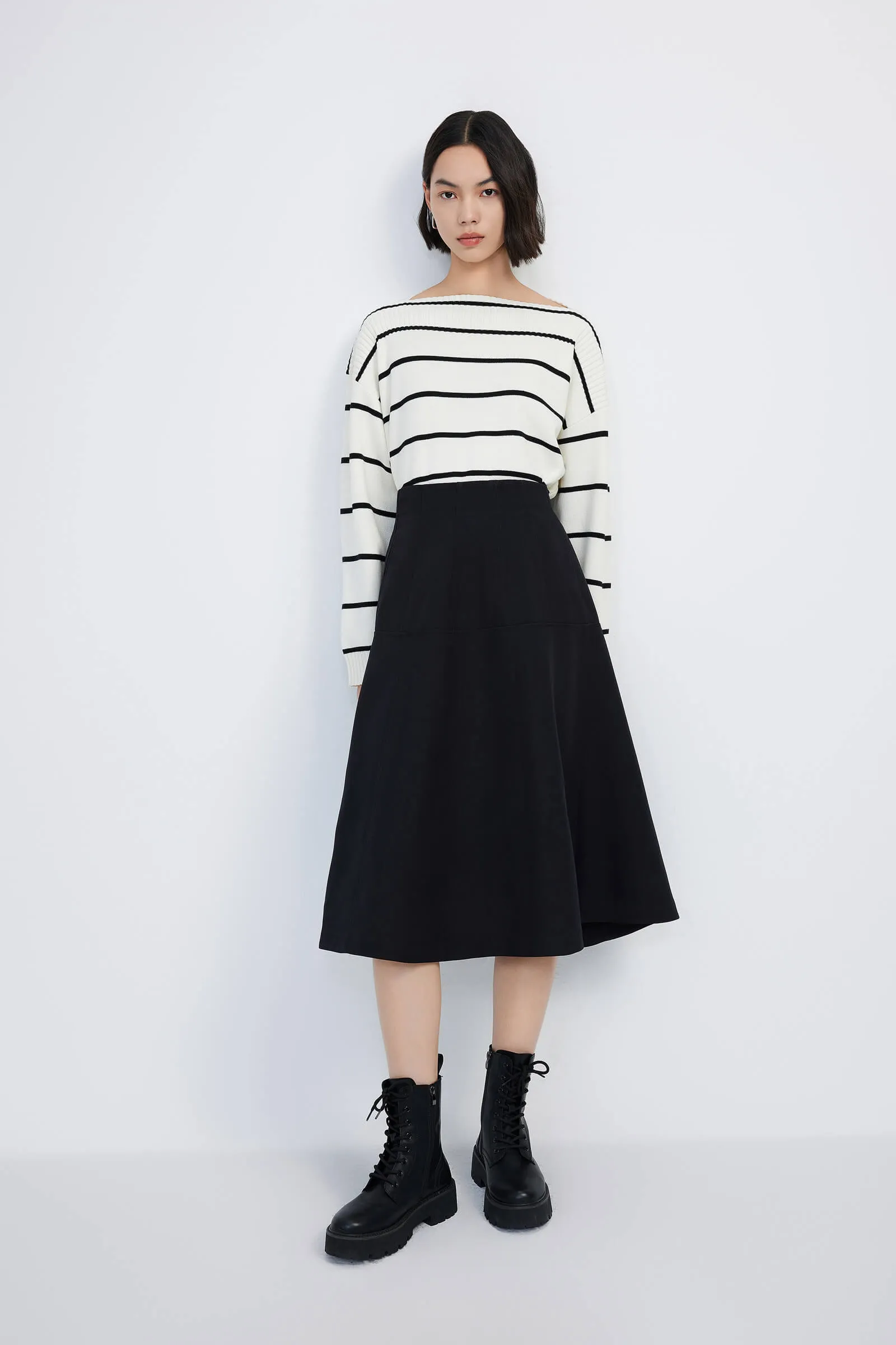 LILY Striped One-Shoulder Knit Sweater