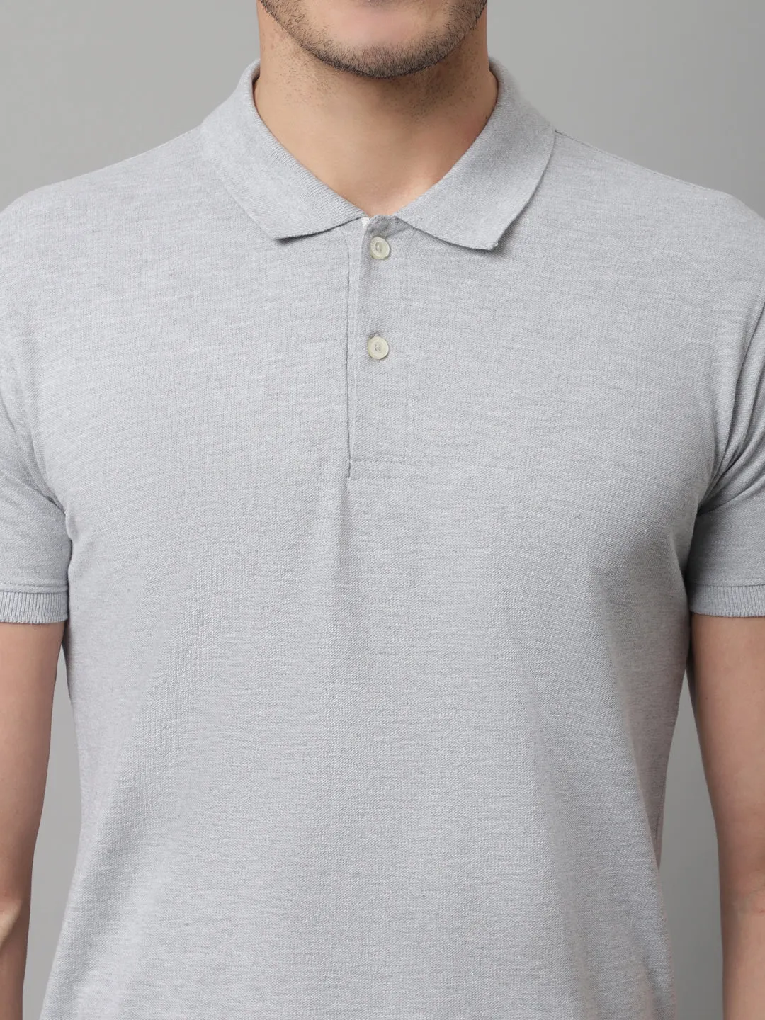 Men Grey Casual Half Sleeves Polo Neck T-Shirt