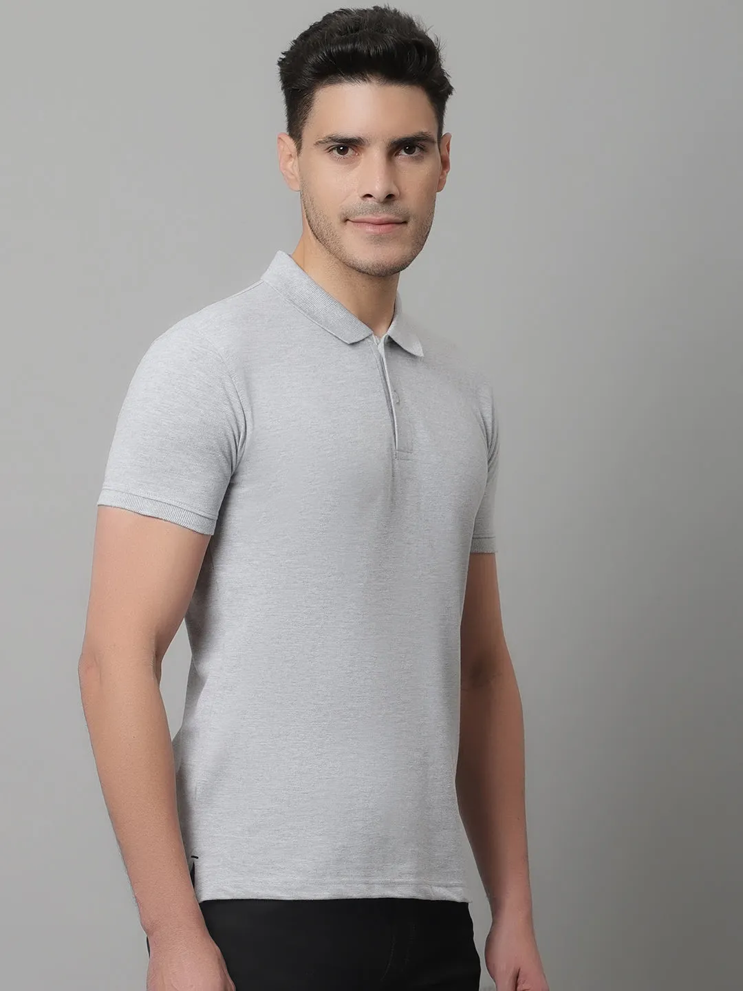 Men Grey Casual Half Sleeves Polo Neck T-Shirt