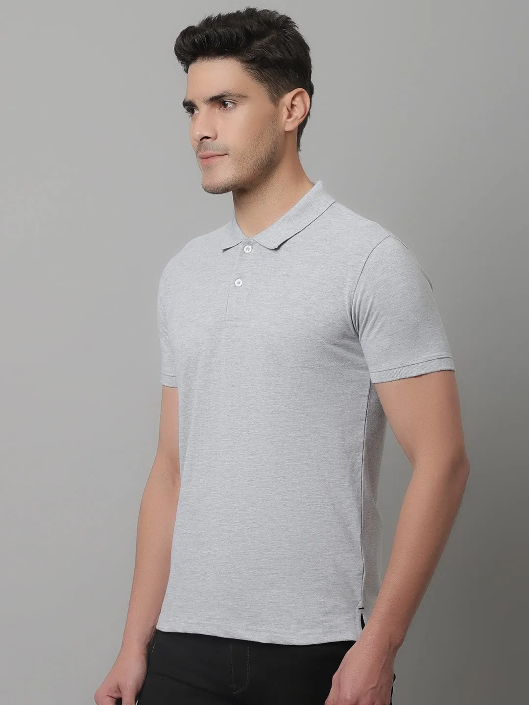 Men Grey Casual Half Sleeves Polo Neck T-Shirt