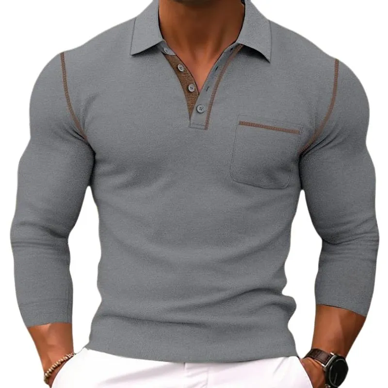 Men's Casual Colorblock Lapel Slim Fit Long Sleeve Polo Shirt 24545515M