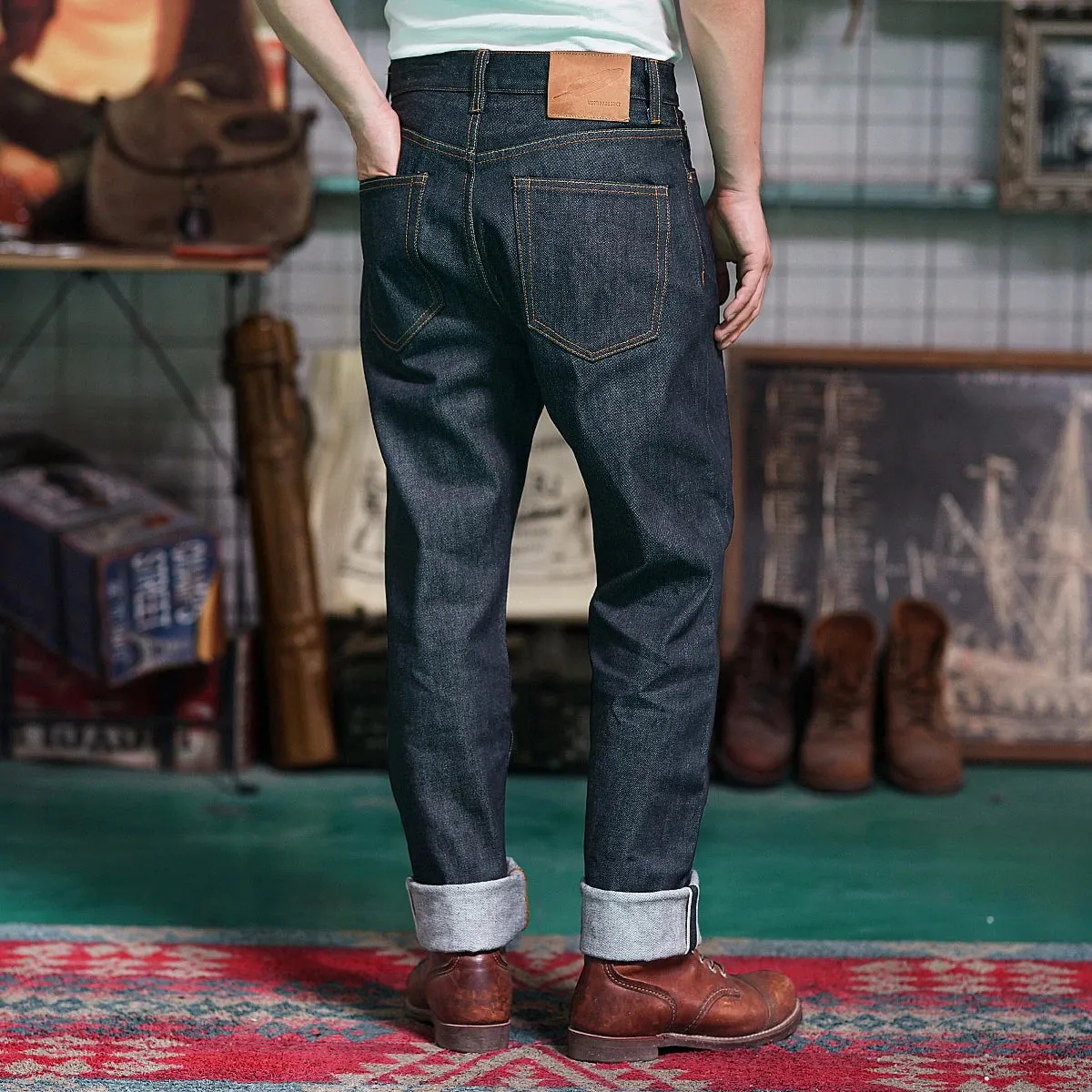 Men's Tapered Selvedge Denim Jeans - Mid-Waist Slim Pencil Trousers