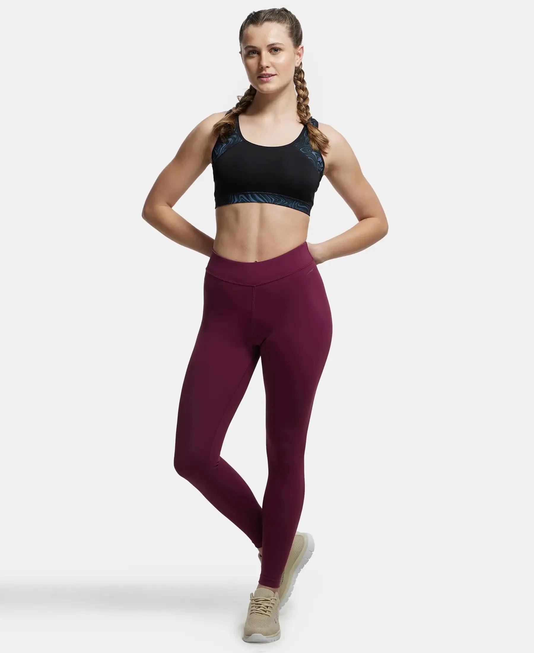 Microfiber Elastane Stretch Performance Leggings with Broad Waistband - Grape Wine