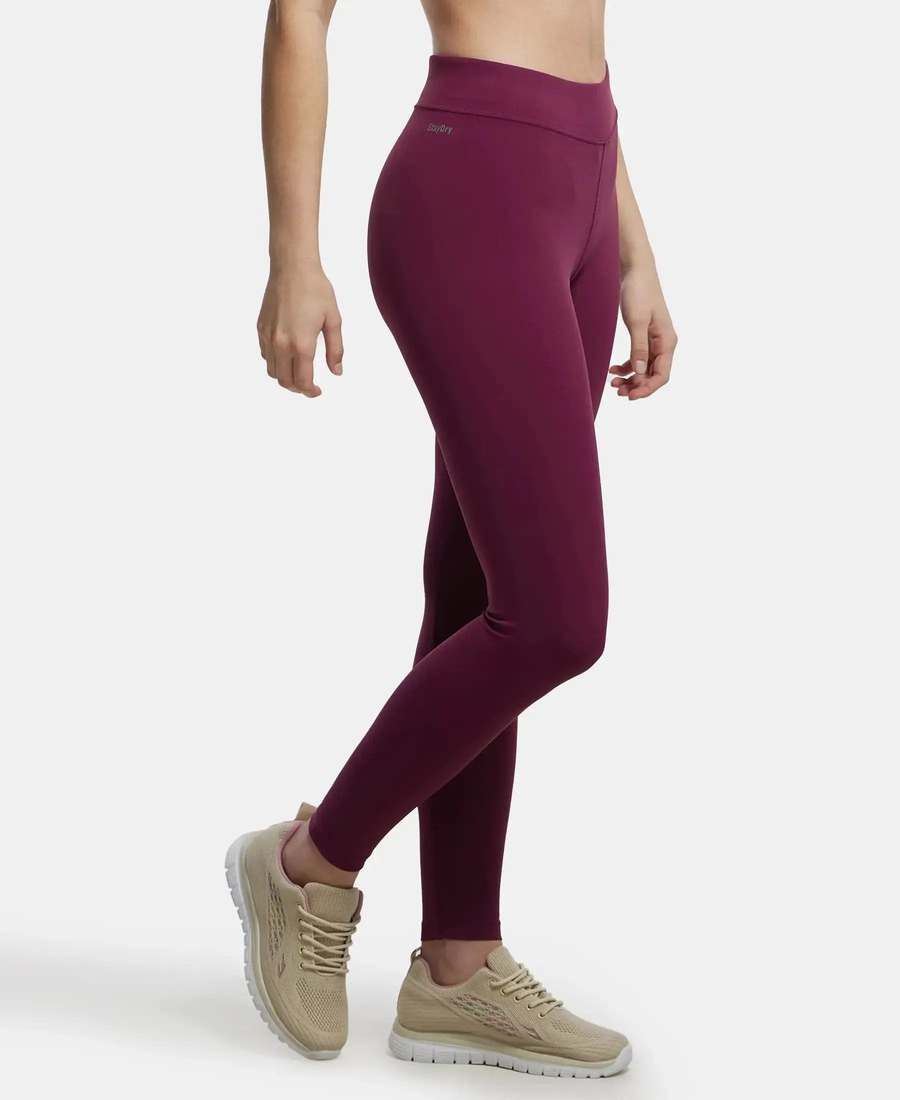 Microfiber Elastane Stretch Performance Leggings with Broad Waistband - Grape Wine