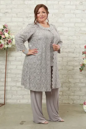 Pearl-Adorned Neckline Lace Women's Pant Suit