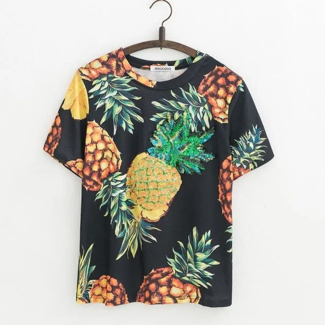 Pineapple Printed with Sequines Summer Tees