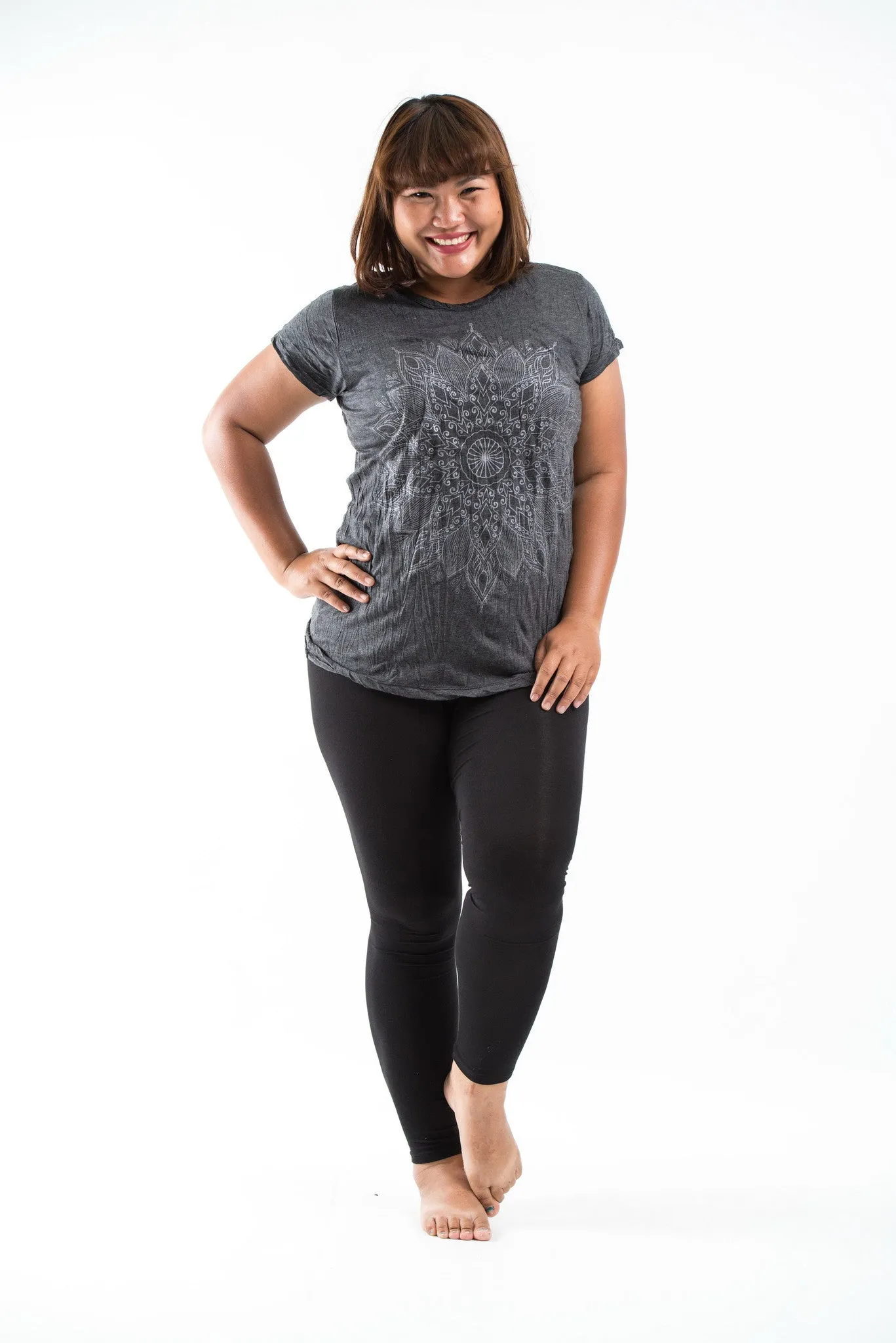 Plus Size Sure Design Women's Lotus Mandala T-Shirt Silver on Black