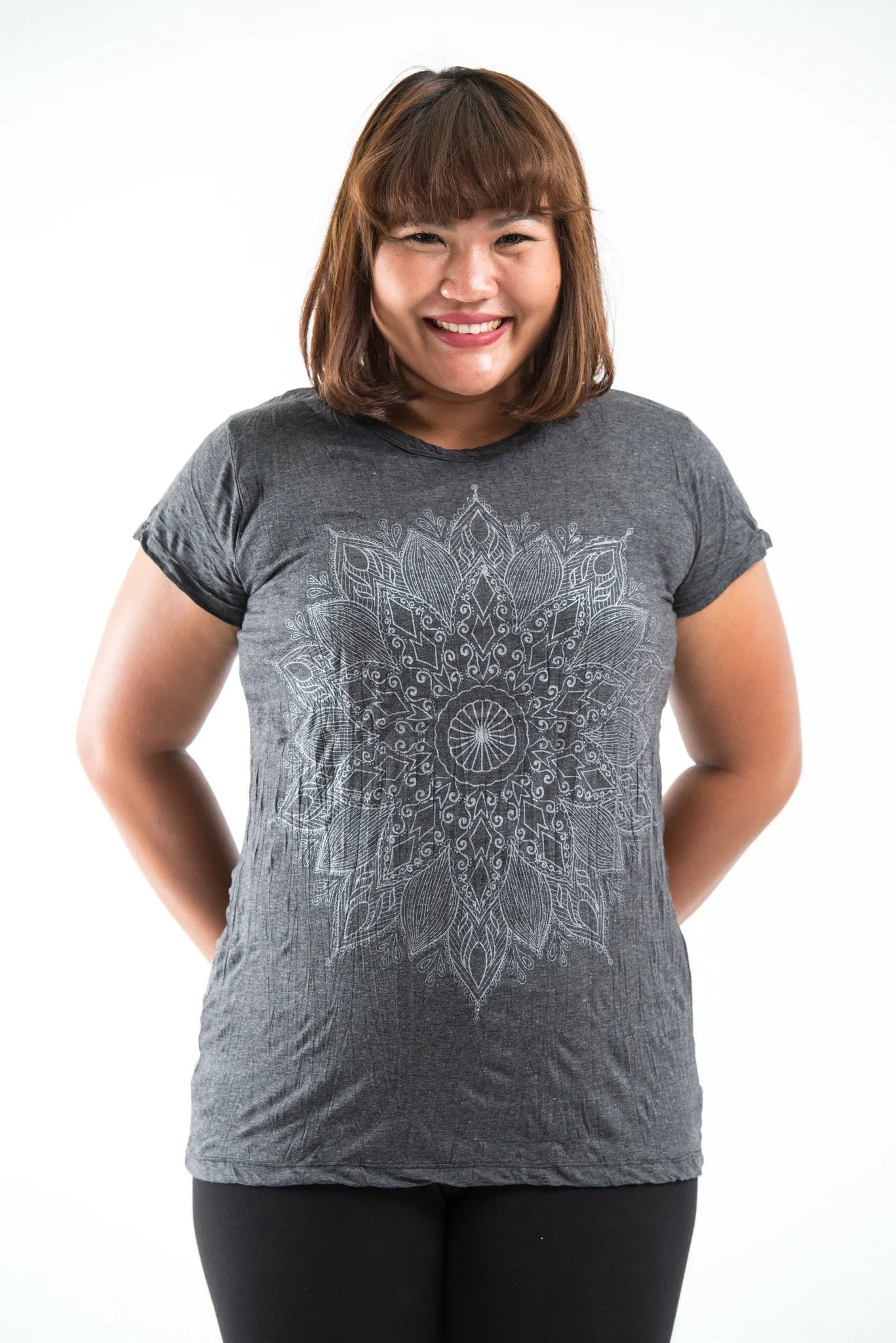 Plus Size Sure Design Women's Lotus Mandala T-Shirt Silver on Black