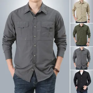 Riolio Men Long Sleeve Cargo Shirts Casual Solid Shirt Male Oversized Pocket Work Business Shirt Mens Military Hiking Shirt Man Clothes