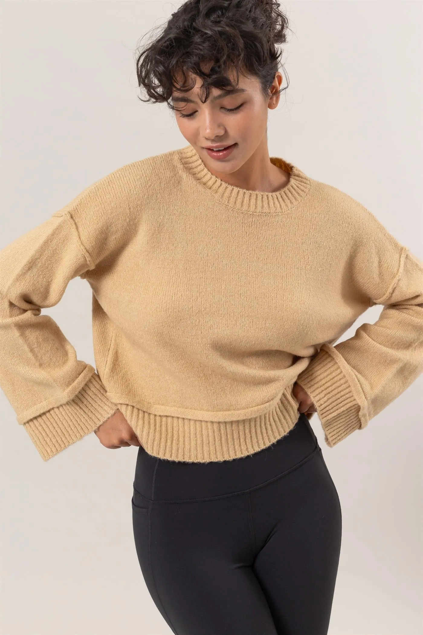 Round Neck Dropped Shoulder Ribbed Sweater