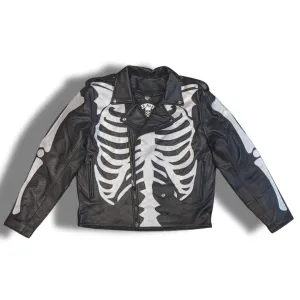 Skeleton Bones Silver on Black Classic Style Leather Jacket