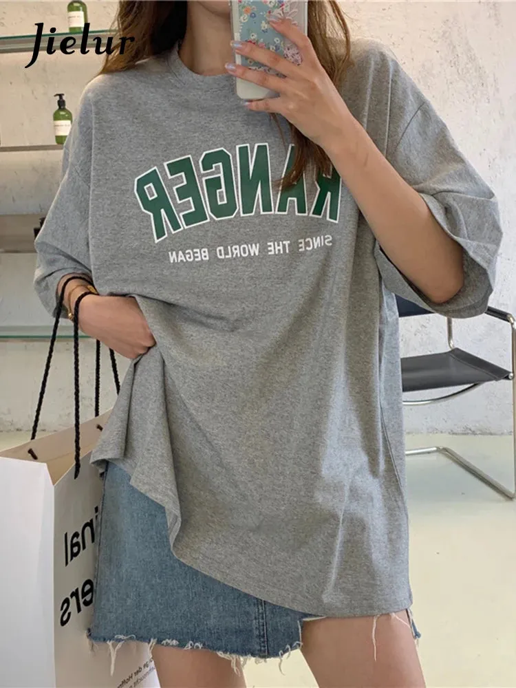 Summer Casual Women T-shirts  Fashion Letter Print Streetwear Harajuku Tshirt Female Simple Gray Chic Tops Tees M-XL