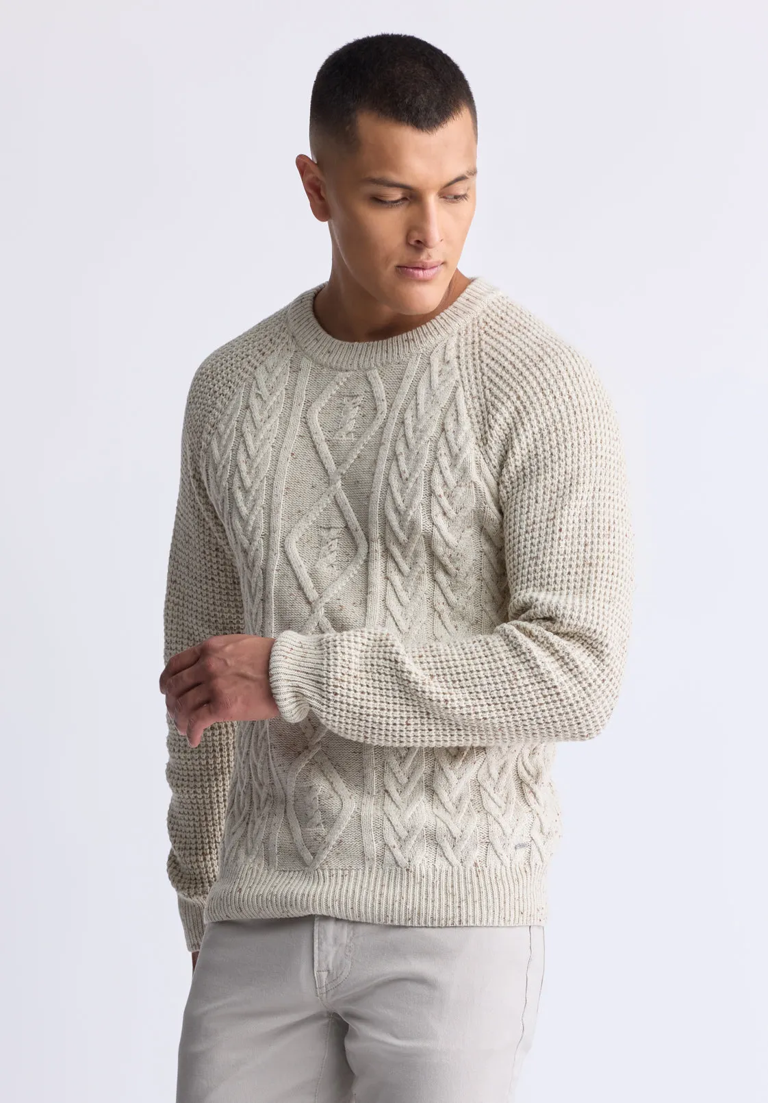 Wallaby Men’s Nep Yarn Cable Knit Crewneck Sweater, Cream - BM24417