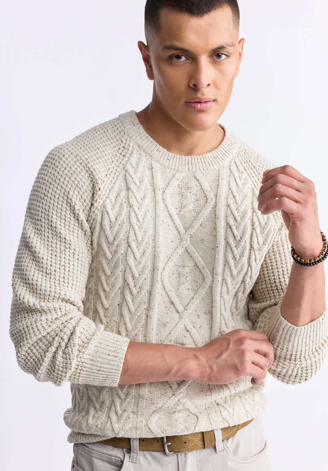 Wallaby Men’s Nep Yarn Cable Knit Crewneck Sweater, Cream - BM24417