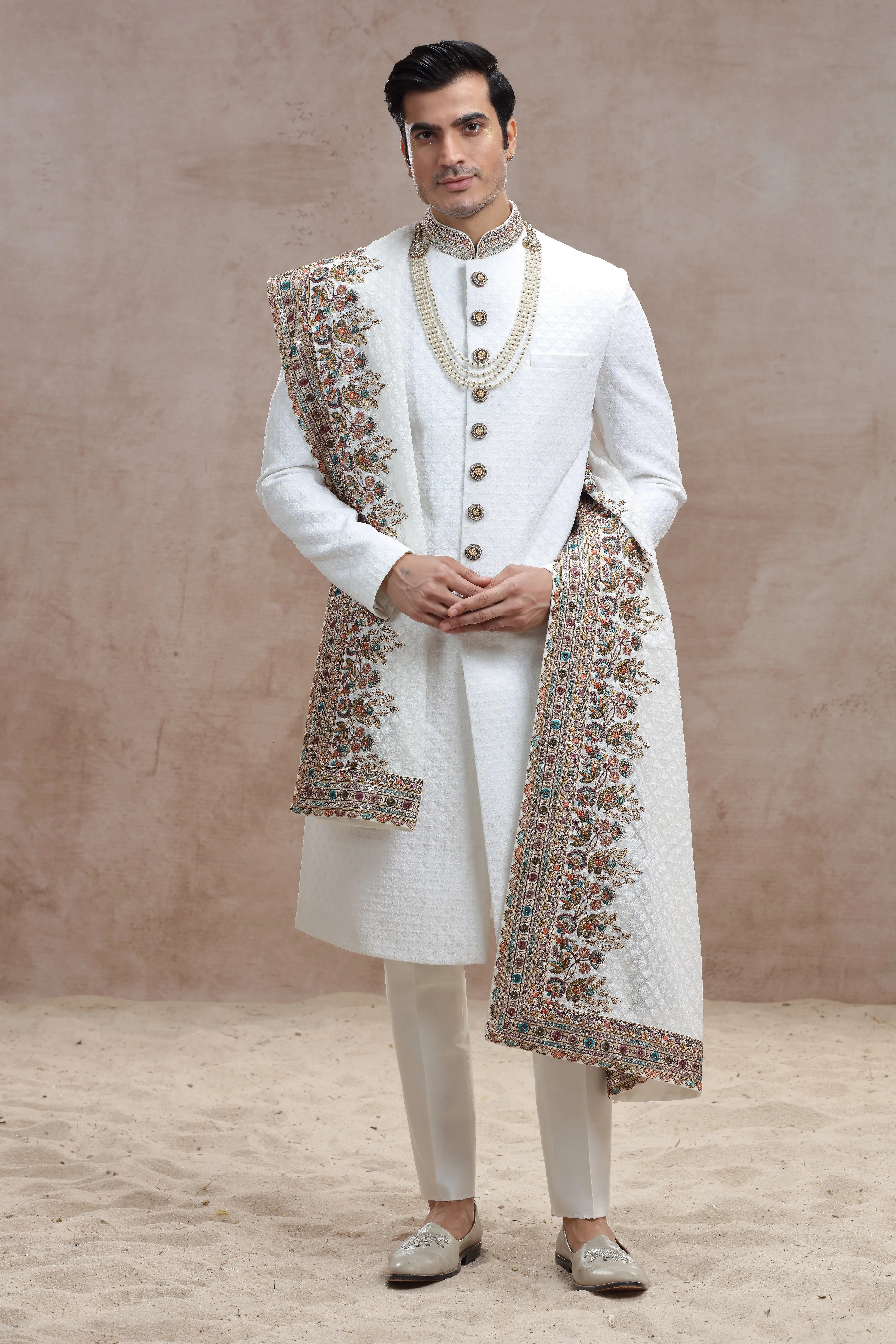 White Silk Sherwani with Chikankari & Thread Work